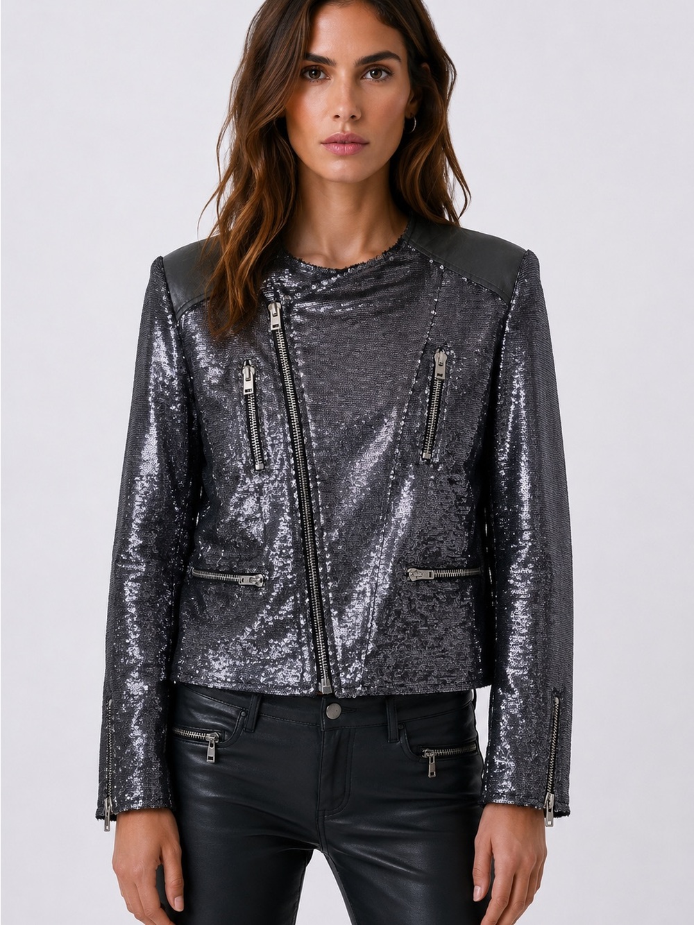 IRO Paris Sequin Embellished Moto Jacket  
Size 3 | Navy Blue-Silver Metallic